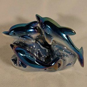 Vintage 3 Dolphin Figurine Sculpture Decor Iridescent Dolphins Waves Collectible